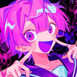  1boy :d album_cover black_background blunt_bangs blunt_ends borrowed_character carl_(guchiry) cover hair_between_eyes highres himanemuitoma index_finger_raised looking_at_viewer official_art open_mouth original pink_hair pointing pointing_at_self portrait purple_eyes purple_sailor_collar sailor_collar schadenfreude_(vocaloid) shirt short_hair simple_background smile solo vocaloid white_shirt 