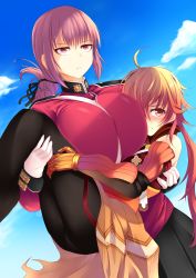 1boy 1girl blush braid breasts carrying fate/grand_order fate_(series) florence_nightingale_(fate) highres huge_breasts long_hair ponytail pout princess_carry purple_hair rama_(fate) red_eyes single_braid sukage rating:Sensitive score:59 user:danbooru