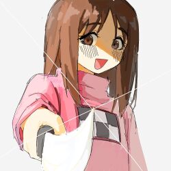  1girl :d aiming aiming_at_viewer azumanga_daiou blush brown_eyes brown_hair commentary cosplay english_commentary glint highres holding holding_knife kasuga_ayumu kitchen_knife knife kyuunn long_hair long_sleeves madotsuki madotsuki_(cosplay) no_nose open_mouth print_sweater smile solo sweater turtleneck turtleneck_sweater upper_body white_background yume_nikki 