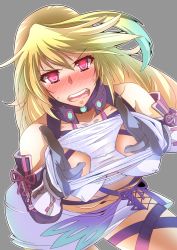  1girl bare_shoulders blonde_hair blush breasts female_focus gloves green_hair holding holding_clothes holding_panties holding_underwear large_breasts long_hair milla_maxwell multicolored_hair nipples open_mouth panties pussy_juice red_eyes rynex3159 skirt solo tales_of_(series) tales_of_xillia tears teeth tongue underwear white_panties 