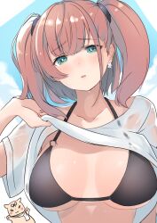  1girl absurdres atlanta_(kancolle) bikini black_bikini blue_eyes blush breasts brown_hair cat collarbone dyson_(edaokunnsaikouya) earrings highres jewelry kantai_collection large_breasts lips long_hair open_mouth single_earring solo star_(symbol) star_earrings swimsuit the_yuudachi-like_creature two_side_up upper_body 