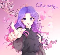  1girl black_shirt bug butterfly character_name choerry commentary english_commentary gradient_background heart highres insect k-pop long_hair loona_(group) makeup mascara open_mouth pink_background pointing pointing_at_viewer purple_eyes purple_hair real_life ruru_creations shirt smile solo upper_body wavy_hair 