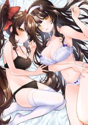 2girls armpits bare_arms bare_shoulders black_bra black_hair black_panties bow bra breasts brown_eyes brown_hair girls&#039;_frontline groin hair_bow hairband hand_up lace lace-trimmed_panties lace_trim large_breasts long_hair looking_at_viewer lying manya_drhr medium_breasts multiple_girls navel no_shoes on_back open_mouth panties parted_lips type_95_(girls&#039;_frontline) type_97_(girls&#039;_frontline) stomach string_bra thighhighs thighs twintails underwear underwear_only very_long_hair white_bra white_legwear rating:Sensitive score:18 user:danbooru