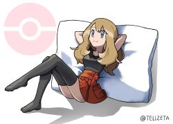  1girl arms_behind_head ass blonde_hair closed_mouth collared_shirt commentary_request commission creatures_(company) cushion eyelashes foot_up full_body game_freak grey_eyes grey_thighhighs highres knees_together_feet_apart long_hair nintendo no_shoes pleated_skirt poke_ball_symbol pokemon pokemon_xy serena_(pokemon) shirt skeb_commission skirt sleeveless sleeveless_shirt smile solo tellzeta thighhighs thighs 