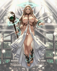 1girl absurdres aqua_eyes bare_tree barefoot blonde_hair breasts choker commentary_request convenient_censoring dress elf energy_ring feet floating forehead_jewel full_body functionally_nude groin halo highres holding holding_staff houtengeki indoors large_breasts light_censor long_hair looking_at_viewer navel nipples open_mouth original outstretched_arm petals pointy_ears revealing_clothes sidelocks solo staff toes tree white_dress rating:Explicit score:110 user:danbooru