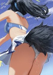 1girl animal_ears ass black_hair blue_archive cheering cheerleader cum cum_in_clothes cum_in_panties cum_wearing cumdrip cumdrip_through_panties dog_ears dog_tail female_focus female_pubic_hair from_behind from_below fuu_torutanme hibiki_(blue_archive) hibiki_(cheer_squad)_(blue_archive) highres millennium_cheerleader_outfit_(blue_archive) miniskirt panties ponytail pubic_hair pubic_hair_peek skirt solo tail tail_wagging underwear white_panties rating:Explicit score:204 user:danbooru
