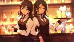  2girls absurdres bang_dream! bang_dream!_it&#039;s_mygo!!!!! bartender black_hair black_vest blush bottle closed_mouth commentary commission cup drinking_glass earclip earrings english_commentary highres holding holding_cup jewelry long_hair long_sleeves looking_at_viewer medium_hair mole mole_under_eye multiple_girls purple_eyes rnna shiina_taki shirt twitter_username vest watermark white_eyes white_shirt yahata_umiri 