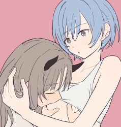  2girls :o arknights blue_hair blush breast_sucking breasts coldcat. collarbone commentary earclip f-ism fortuna_(arknights) grabbing grabbing_another&#039;s_breast grey_eyes grey_hair groping highres horns long_hair looking_at_another multiple_girls pink_background short_hair simple_background small_breasts spuria_(arknights) sweatdrop tank_top upper_body white_tank_top yuri 