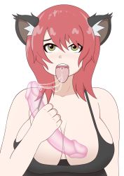  1girl absurdres animal_ears breasts cat_ears cat_girl cleavage dildo glass_dildo green_eyes highres large_breasts plump red_hair saliva saliva_trail sex_toy solo  rating:Explicit score:2 user:Frattaglia