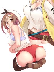 1girl artist_request ass atelier_(series) atelier_ryza bare_shoulders blush boots breasts brown_eyes brown_hair from_behind hair_ornament hair_ribbon hairclip hat highres kneeling large_breasts looking_at_viewer looking_back looking_down red_shorts reisalin_stout ribbon shiny_skin short_hair short_shorts shorts sideboob solo thigh_boots thighhighs rating:Questionable score:10 user:armorcrystal