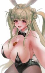 1girl :d animal_ears antenna_hair between_breasts black_bow black_bowtie black_leotard blurry blush bowtie breasts brown_pantyhose coin depth_of_field detached_collar fake_animal_ears fake_tail goddess_of_victory:_nikke green_hair heart_antenna_hair highleg highleg_leotard huge_breasts leotard long_hair looking_at_viewer mole mole_on_breast n1n1 open_mouth pantyhose pink_eyes playboy_bunny rabbit_ears rabbit_tail smile soda_(nikke) soda_(twinkling_bunny)_(nikke) solo strapless strapless_leotard tail twintails