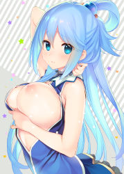 10s 1girl absurdres aqua_(konosuba) arm_behind_head blue_eyes blue_hair blush breast_hold breasts hair_ornament hair_rings has_bad_revision highres kono_subarashii_sekai_ni_shukufuku_wo! large_breasts long_hair looking_at_viewer md5_mismatch nipples one_breast_out parted_lips resolution_mismatch simple_background skirt sleeveless solo source_smaller tatami_to_hinoki rating:Questionable score:149 user:danbooru