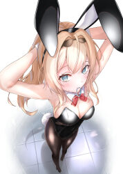  1girl absurdres animal_ears arms_behind_head arms_up black_leotard black_pantyhose blonde_hair blue_eyes bow bowtie breasts cleavage detached_collar highres hololive kazama_iroha leotard long_hair medium_breasts mouth_hold pantyhose perspective playboy_bunny rabbit_ears rabbit_tail red_bow red_bowtie solo strapless strapless_leotard suzuka_(suzukawu) tail tile_floor tiles virtual_youtuber wrist_cuffs 
