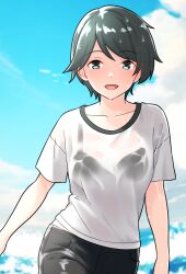  1girl black_hair blue_sky bra_visible_through_clothes cloud day furaggu_(frag_0416) grey_eyes highres indoors kantai_collection looking_at_viewer mogami_(kancolle) open_mouth see-through see-through_shirt shirt short_hair short_sleeves sky smile solo wet wet_clothes wet_shirt white_shirt 