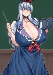  1girl blue_hair breasts cleavage covered_erect_nipples dress gigantic_breasts hat highres kamishirasawa_keine long_hair ribbon short_sleeves smile solo spacezin tagme touhou veins veiny_breasts  rating:Questionable score:80 user:Tsunday