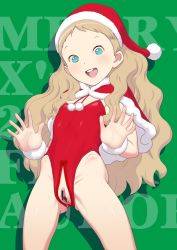 1girl :d bar_censor blonde_hair blue_eyes censored christmas clitoris female_focus gluteal_fold hat highres leotard loli long_hair looking_at_viewer open_mouth original pussy red_leotard santa_hat shadow smile solo standing takatou_sora tampon teeth rating:Explicit score:53 user:Domestic_Importer