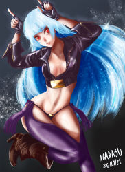  1girl angel_(kof) blue_hair breasts cosplay gloves highres igarasu kula_diamond long_hair medium_breasts red_eyes simple_background smile snk_heroines:_tag_team_frenzy the_king_of_fighters  rating:Questionable score:8 user:Igarasu