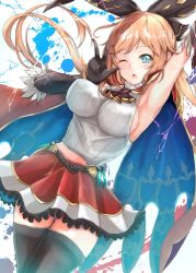  10s 1girl aqua_eyes arm_up armpits black_gloves black_thighhighs blonde_hair breasts cape chestnut_mouth clarisse_(granblue_fantasy) elbow_gloves gloves granblue_fantasy hair_ribbon large_breasts long_hair looking_at_viewer one_eye_closed open_mouth ribbon shirt skirt sleeveless sleeveless_shirt solo thighhighs thighs velia very_long_hair zettai_ryouiki 