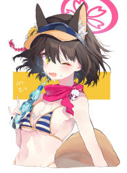  absurdres animal_ears blue_archive blue_one-piece_swimsuit bottle brown_hair animal_ear_fluff exposed_chest flower flower_on_head fox_ears fox_girl fox_mask fox_tail halo hat highres izuna_(blue_archive) mask nyou one-piece_swimsuit one_eye_closed open_mouth orange_eyes simple_background squirt_bottle squirting_liquid swimsuit tail translation_request water water_bottle white_background wink  rating:Sensitive score:11 user:Cosmic_Cookie
