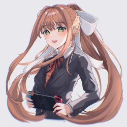 1girl :d blush bow brown_hair commentary cropped_torso doki_doki_literature_club green_eyes grey_jacket hair_between_eyes hair_ribbon handheld_game_console highres holding holding_handheld_game_console jacket long_hair long_sleeves looking_at_viewer monika_(doki_doki_literature_club) nintendo_switch open_mouth ponytail ribbon sidelocks simple_background smile solo soybean_(hisoybean) upper_body very_long_hair white_bow  rating:Sensitive score:11 user:danbooru
