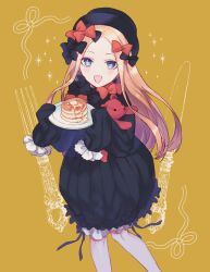  1girl :d abigail_williams_(fate) black_bow black_dress black_headwear blonde_hair blue_eyes bow bowtie dress fate/grand_order fate_(series) food hair_bow holding holding_plate katagiri_(mighty_swing) looking_at_viewer multiple_hair_bows open_mouth orange_bow pancake pancake_stack parted_bangs plate simple_background sleeves_past_fingers sleeves_past_wrists smile solo syrup yellow_background  rating:General score:7 user:danbooru