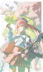  1girl :d absurdres arm_at_side bird bird_on_hand blush branch cherry_blossoms collared_shirt cowboy_shot day grey_jacket hair_between_eyes hand_up hatsune_miku high-waist_skirt highres jacket legs_apart long_hair long_sleeves looking_at_animal miniskirt open_clothes open_jacket open_mouth outdoors pink_eyes pink_hair pink_skirt plaid plaid_jacket pleated_skirt sakura_miku sakura_miku_(rella) shirt sidelocks skirt sleeve_cuffs sleeves_past_wrists smile solo tree twintails very_long_hair vocaloid white_shirt yurun_(yurun_ume) 