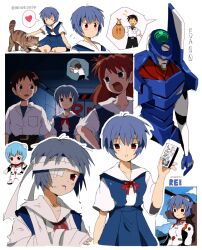  1boy 2girls arm_sling artist_name ayanami_rei bag bandage_over_one_eye bandaged_arm bandaged_head bandages bendedede black_pants black_undershirt blood blood_on_face blue_hair blue_skirt blue_sky blush bodysuit border bow bowtie breast_pocket breasts broken_arm brown_bag brown_cat brown_hair card cast character_name chibi closed_eyes closed_mouth cloud cockpit collarbone collared_shirt commentary crank door dot_nose dress_shirt embarrassed english_commentary eva_00 flying_sweatdrops full_body hair_between_eyes hallway hand_on_animal hand_up heart highres holding holding_bag holding_card holding_sack id_card ikari_shinji indoors injury long_hair looking_at_viewer mecha meme mountainous_horizon multiple_girls multiple_views neck_ribbon neon_genesis_evangelion open_mouth pants parted_lips petting pilot_suit plugsuit pocket red_bow red_bowtie red_eyes red_hair red_ribbon rei_chikita ribbon robot romaji_text sack scene_reference school_uniform shinji_crank_that_soulja_boy_(meme) shirt short_hair short_sleeves signature sitting skirt sky small_breasts solo_focus souryuu_asuka_langley spoken_character spoken_heart suspender_skirt suspenders sweatdrop t-shirt tabby_cat talking tokyo-3_middle_school_uniform torn_clothes twitter_username upper_body wariza white_background white_bodysuit white_border white_shirt 