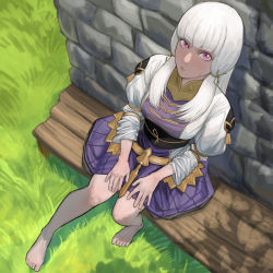  1girl barefoot bench blush breasts commentary dress fire_emblem fire_emblem:_three_houses fire_emblem_warriors fire_emblem_warriors:_three_hopes highres long_hair long_sleeves looking_at_viewer lysithea_von_ordelia nanbu_yasumi nintendo pink_eyes sidelocks sitting sleeves_rolled_up solo stone_wall sweat tree_shade wall white_hair  rating:General score:23 user:danbooru