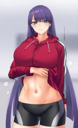 1girl black_shorts blue_eyes blunt_bangs blush breasts closed_mouth clothes_lift drawstring fate/grand_order fate_(series) gachou highres hood hooded_jacket jacket jacket_lift large_breasts long_hair long_sleeves looking_at_viewer martha_(fate) md5_mismatch navel purple_hair red_jacket resolution_mismatch short_shorts shorts source_smaller straight_hair thighs translation_request rating:Sensitive score:55 user:danbooru