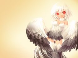  1girl feathered_wings feathers harpy highres monster_girl original red_eyes shigatake short_hair simple_background solo wallpaper white_hair winged_arms wings  rating:Sensitive score:21 user:danbooru