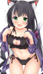1girl animal_ear_fluff animal_ears black_bra black_hair black_panties blush bow bra breasts cat_cutout cat_ear_panties cat_ears cat_girl cat_lingerie cat_tail cleavage cleavage_cutout clothing_cutout collarbone commentary_request fang flying_sweatdrops frilled_bra frills gluteal_fold green_eyes grey_hair groin hair_bow hands_up highres hood hood_down hooded_jacket jacket karyl_(princess_connect!) long_hair long_sleeves looking_at_viewer low_twintails maccha medium_breasts meme_attire multicolored_hair navel off_shoulder open_clothes open_jacket open_mouth panties princess_connect! purple_bow purple_jacket side-tie_panties simple_background solo streaked_hair sweat tail thigh_gap twintails underwear very_long_hair white_background rating:Sensitive score:48 user:danbooru