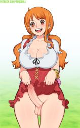  1futa afrobull blush bracelet breasts cleavage clothes_lift collarbone erection frills full-package_futanari futanari gradient_background green_background happy highres huge_breasts jewelry looking_at_viewer nami_(one_piece) no_panties one_piece open_mouth orange_eyes orange_hair penis short_sleeves skirt skirt_lift smile solo standing teeth testicles thigh_gap tongue twintails uncensored upper_teeth_only whole_cake_island_dress  rating:Explicit score:141 user:DarkToonLink