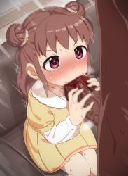  +_+ blush brown_hair censored clothed_female_nude_male couch dark-skinned_male dark_skin double_bun dress fellatio full-face_blush hair_bun heart heart_necklace hetero highres idolmaster idolmaster_cinderella_girls interracial jewelry layered_sleeves legs_together loli long_sleeves mizumizuni mosaic_censoring motion_lines munakata_atsumi necklace nude on_couch oral penis purple_eyes short_over_long_sleeves short_sleeves sitting sweat tears v-shaped_eyebrows yellow_dress  rating:Explicit score:348 user:danbooru