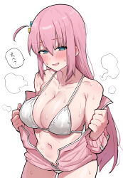  1girl bikini blue_eyes blush bocchi_the_rock! breasts cleavage collarbone cube_hair_ornament gotoh_hitori hair_ornament highres jacket kobinbin large_breasts long_hair looking_at_viewer off_shoulder one_side_up open_clothes open_jacket open_mouth partially_unzipped pink_hair pink_jacket simple_background solo sweat swimsuit translated very_long_hair white_background white_bikini  rating:Sensitive score:100 user:danbooru