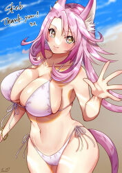 1girl animal_ear_fluff armpits beach bikini breasts cat_girl cleavage commission duel_monster homi28 large_breasts looking_at_viewer navel outdoors pink_hair sideboob signature skeb_commission skindentation smile solo standing swimsuit tail tri-brigade_ferrijit_the_barren_blossom waving white_bikini yellow_eyes yu-gi-oh!