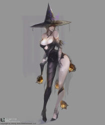  1girl bamuth blindfold breasts cleavage fantasy female_focus hat large_breasts pale_skin short_hair solo wizard witch witch_hat  rating:Questionable score:31 user:08Gray