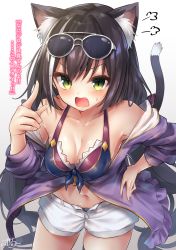 1girl angry animal_ear_fluff animal_ears bad_id bad_pixiv_id bare_shoulders black_hair blush breasts cat_ears cat_tail cleavage collarbone cowboy_shot fang green_eyes hand_on_own_hip highres index_finger_raised karyl_(princess_connect!) karyl_(summer)_(princess_connect!) leaning_forward long_hair looking_at_viewer low_twintails medium_breasts multicolored_hair navel open_fly open_mouth princess_connect! ramchi shorts signature solo streaked_hair sweatdrop swimsuit tail thighs twintails very_long_hair white_hair white_shorts rating:Sensitive score:18 user:danbooru