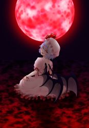  1girl bat_wings blue_hair dress fang frills full_moon gradient_background hat highres looking_back mob_cap moguri_m moon open_mouth red_eyes red_moon remilia_scarlet short_hair solo touhou wings 