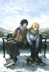  2boys aether_(genshin_impact) alternate_costume alternate_hair_length alternate_hairstyle artist_name bag bench black_bag black_footwear black_gloves black_hair black_pants black_vest blonde_hair blue_eyes blue_gloves blue_hair blue_sky blue_socks blue_sweater boots braid brown_eyes brown_jacket buttons closed_mouth cloud cloudy_sky coat commentary day english_commentary food food_in_mouth fur-trimmed_jacket fur_trim genshin_impact gloves gradient_hair green_scarf grey_coat grey_pants hair_between_eyes hand_up highres holding holding_food ice_skates jacket long_sleeves looking_at_another male_focus mountain multicolored_hair multiple_boys no_headwear nocetus open_clothes open_jacket outdoors pants plaid plaid_jacket puffy_long_sleeves puffy_sleeves scarf shadow shoelaces short_hair sitting skates sky smile snow socks striped_clothes striped_scarf striped_socks sweater teeth tree turtleneck turtleneck_sweater twin_braids two-tone_gloves venti_(genshin_impact) vest white_footwear winter 