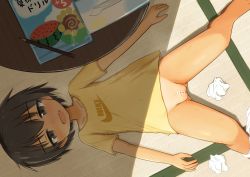 1girl after_masturbation black_hair blush bottomless brand_name_imitation censored cleft_of_venus fang fat_mons female_focus gluteal_fold highres jitome loli looking_at_viewer lying on_back on_ground open_mouth original panties_around_leg pencil pussy shadow shirt short_hair solo t-shirt tai_ichi tatami used_tissue rating:Explicit score:365 user:Dweenie