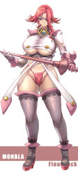  1girl breasts eyepatch female_focus final_fuck full_body highres huge_breasts image_sample monbla panties pixiv_sample red_hair serious signal-green solo standing underwear white_background 