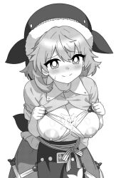  1girl apron blush breasts breasts_out closed_mouth collared_shirt commentary cowboy_shot cum cum_on_body cum_on_breasts cum_on_upper_body greyscale hair_between_eyes hat large_breasts leaning_forward looking_at_viewer medium_bangs medium_hair monochrome nipples okunoda_miyoi onkn_sxkn open_clothes open_shirt shirt short_sleeves simple_background skirt solo touhou waist_apron whale_hat white_background 