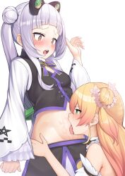  2girls ajishio_(loli_king) bare_shoulders blonde_hair blunt_bangs blush green_eyes grey_hair hair_bun hand_on_another&#039;s_hip highres hololive licking licking_navel licking_stomach long_hair long_sleeves looking_at_another looking_down midriff momosuzu_nene multiple_girls murasaki_shion murasaki_shion_(qi_idol) open_mouth saliva stomach tongue tongue_out twintails very_long_hair vest virtual_youtuber white_background wide_sleeves yellow_eyes yuri  rating:Questionable score:223 user:danbooru