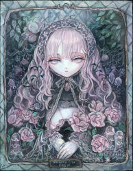  1girl acrylic_paint_(medium) border commentary_request doll dress expressionless flower goth_fashion hairband highres long_hair looking_at_viewer original painting_(medium) pink_eyes pink_flower pink_hair pink_rose portrait rose solo sumire_shisei traditional_media wavy_hair 
