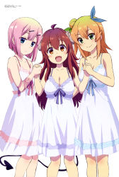  3girls :d absurdres bare_arms blonde_hair blue_eyes blunt_bangs breasts brown_eyes chiyoda_momo cleavage closed_mouth collarbone demon_girl demon_horns demon_tail dress fang fujii_masahiro gradient_hair green_eyes hair_between_eyes hair_bun hair_ribbon highres hinatsuki_mikan holding_hands horns large_breasts light_smile long_hair looking_at_viewer machikado_mazoku megami_magazine multicolored_hair multiple_girls official_art open_mouth orange_hair pink_hair red_hair ribbon scan short_hair simple_background single_hair_bun small_breasts smile standing sundress tail white_background white_dress yoshida_yuuko_(machikado_mazoku) 