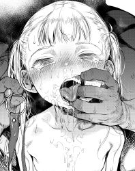 1boy 1girl after_fellatio blush cum empty_eyes facial finger_in_another&#039;s_mouth flat_chest gag unworn_gag greyscale haguhagu_(rinjuu_circus) height_difference highres loli looking_at_viewer monochrome open_mouth original tears tongue tongue_out twintails rating:Explicit score:503 user:danbooru