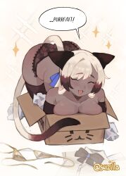  1girl :d animal_ears box breasts brown_panties brown_thighhighs cardboard_box cat_ears cat_tail celine_(sui_(suizilla)) closed_eyes dark-skinned_female dark_skin fang highres in_box in_container large_breasts open_mouth original panties smile solo sparkle speech_bubble sui_(suizilla) tail thighhighs topless underwear unworn_bikini_top unworn_shirt 