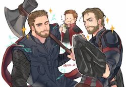  3boys akira_yoru animification armor avengers:_infinity_war avengers_(series) beard belt black_armor black_shirt blue_bodysuit blue_eyes bodysuit brown_belt brown_hair cape captain_america closed_mouth commentary eating english_commentary facial_hair fingernails food hand_up holding holding_food holding_shield holding_weapon jacket lightning long_sleeves looking_at_another looking_at_viewer male_focus marvel marvel_cinematic_universe multiple_boys one_eye_closed open_clothes open_jacket peter_quill red_cape red_jacket sandwich scar scar_across_eye shield shirt short_hair simple_background smile sparkle standing steve_rogers stormbreaker striped_bodysuit superhero_costume t-shirt thor_(marvel) twitter_username weapon white_background 