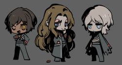  3girls black_coat black_jacket blue_eyes brown_eyes brown_hair chibi closed_mouth coat eyeshadow faust_(project_moon) full_body grey_background hand_up index_finger_raised jacket limbus_company long_hair looking_at_viewer makeup multiple_girls official_art one_eye_closed open_mouth outis_(project_moon) parted_bangs pink_eyeshadow poker_chip project_moon rodion_(project_moon) short_hair smile very_long_hair white_hair  rating:General score:1 user:danbooru