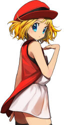  1girl absurdres black_thighhighs blonde_hair blue_eyes commentary_request creatures_(company) dress eudetenis eyelashes from_side game_freak hand_up hat highres looking_at_viewer looking_to_the_side nintendo parted_lips pokemon pokemon_(anime) pokemon_xy_(anime) red_hat red_vest serena_(pokemon) short_hair signature simple_background sleeveless sleeveless_dress solo thighhighs thighs vest white_background 